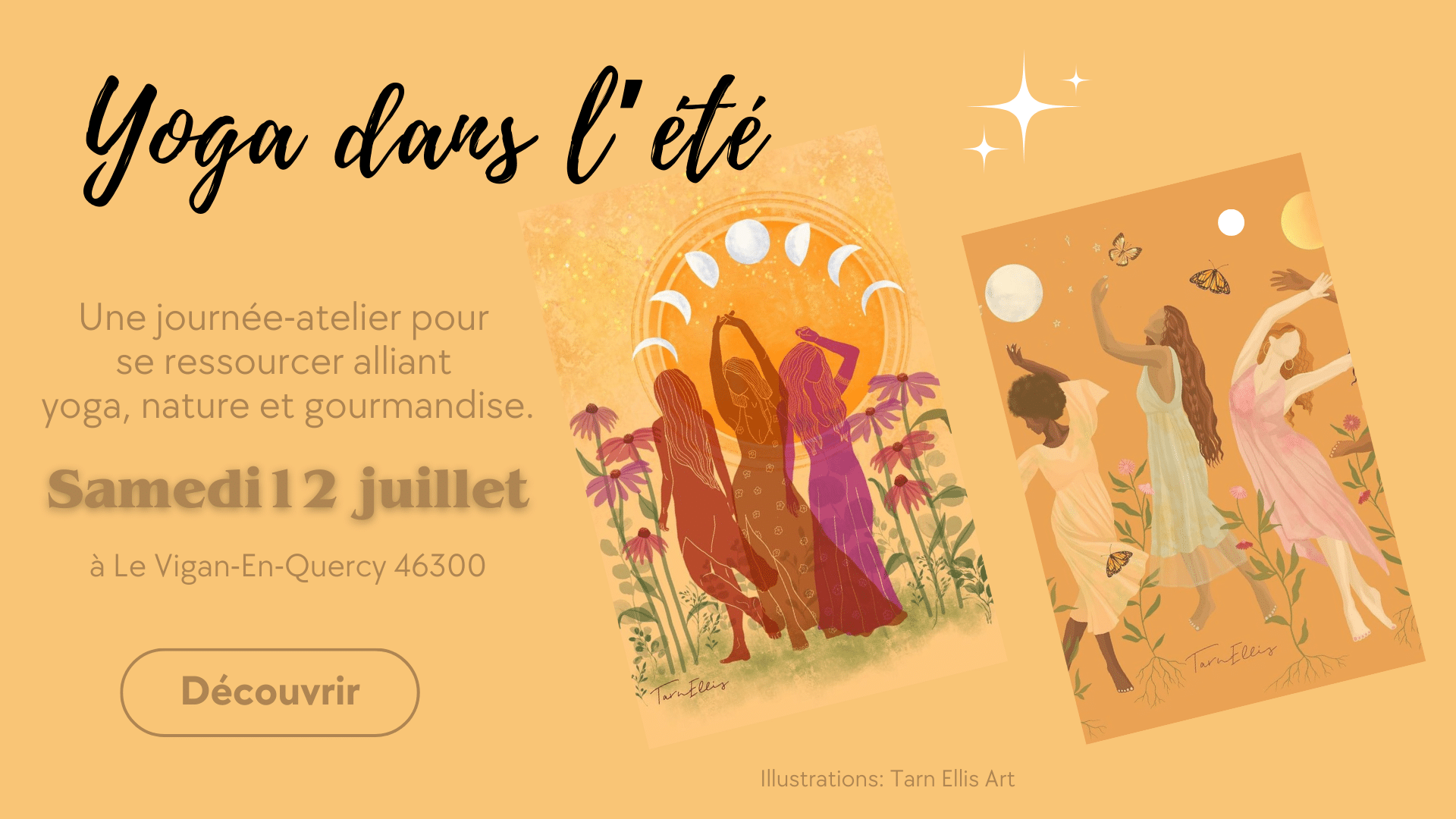 Affiche de la journée atelier yoga au Vigan alliant repos, détente, bain de rivière et gourmandises entre femmes avec AnneCha