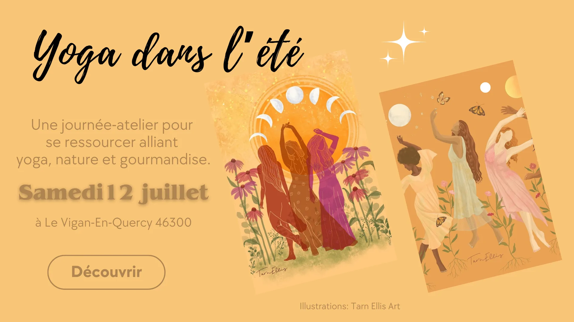 Affiche de la journée atelier yoga au Vigan alliant repos, détente, bain de rivière et gourmandises entre femmes avec AnneCha
