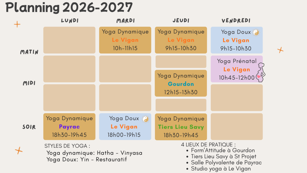planning horaires yoga annecha Gourdon le vigan payrac